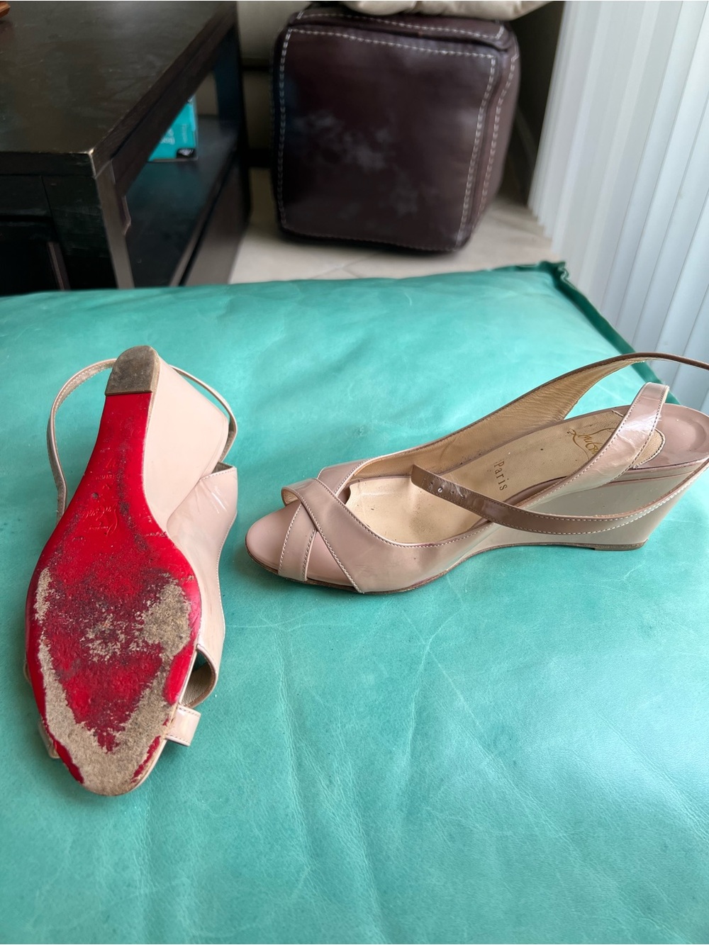 Christian Louboutin nude Peep-Toe Slingback Wedge Sandals